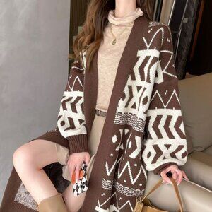 Long Knit Cardigan – Brown & Ivory